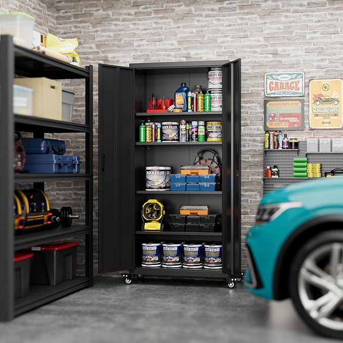 73 Inches Metal Storage Cabinet on Wheels,Storage Cabinet with Wheels and 4 Adjustable Shelves,Rolling Garage Cabinets for Office,Warehouse,Assemble Required(Black)