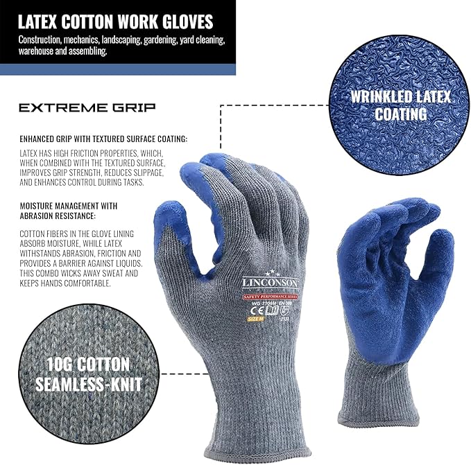 linconson 12 Pairs Extreme Grip Latex Palm Coated Cotton Work Gloves Suitable For Construction, Mechanics and Warehousing