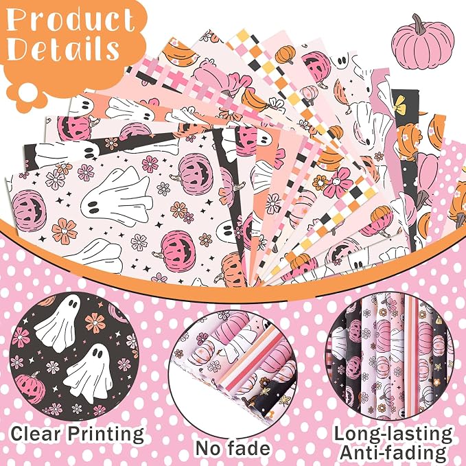 HunnmingRe 20 Pcs 10''x10'' Pink Halloween Quilting Fabric Square Pink Spooky - Image 5