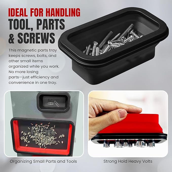Collapsible Magnetic Tray Set of 3 Sizes – Foldable Silicone Tool Tray Organizer for Screws, Bolts, Nuts, Washers, Pins, & Small Metal Parts with Durable Magnetic Base (Black)