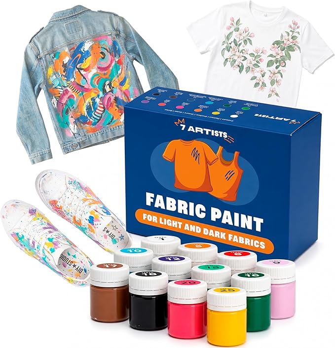 Fabric Paint Set for Clothes 12 Colors – Permanent Textile Paint for T-Shirts by 7+Artists