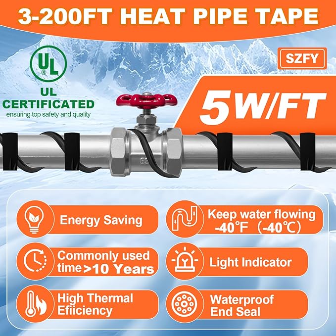 15FT Heat Tape for Water Pipes, -40°F Deicing Cable,Pipe Heating Cables for Roof,Gutter，Farm，Freeze Protetion Heat Trace Cable, Heated Water Hose,Plumbing Fixtures,120V 5W/FT