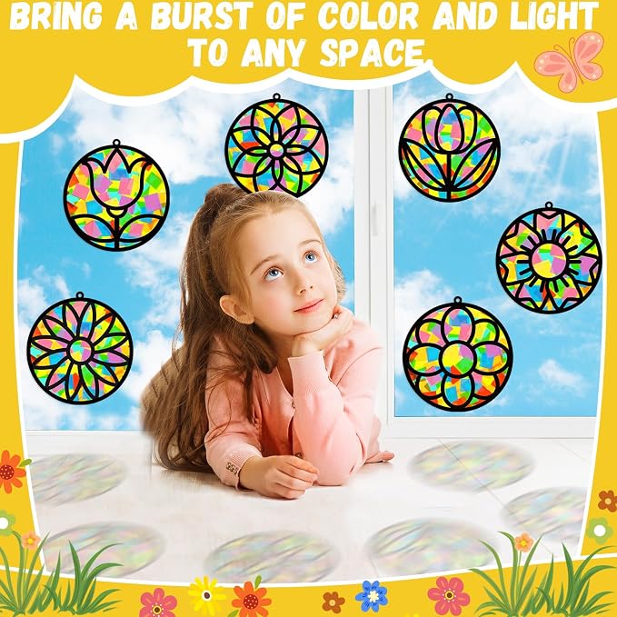 32 Sets Spring Floral Suncatchers Craft Kit DIY Window Stained Glass Effect - Image 6