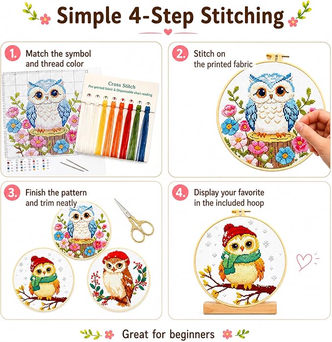 Zhenqing 3-Piece Owl Cross Stitch Kit Stamped Embroidery Kit 11CT Printed Aida - Image 8