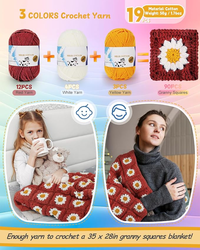 Coopay Crochet Kit Beginners for Blanket, Granny Squares Crochet Blanket Kit - Image 4