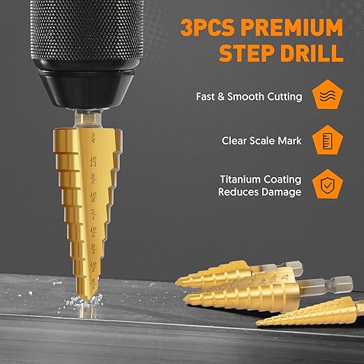 INTHEEND Step Drill Bit Set, 3 Pcs High Speed Steel Spiral Grooved Step Drill Bit for Metal Sheet Aluminum Wood Hole Drilling, 1/4" Hex Shank Step Bit for Faster Drilling 28 Size Cone Step Drill Bits
