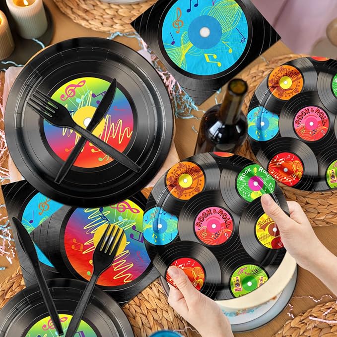 142Pcs Record Theme Tableware Set, Tablecloth, Hanging Swirls Record Banner - Image 6