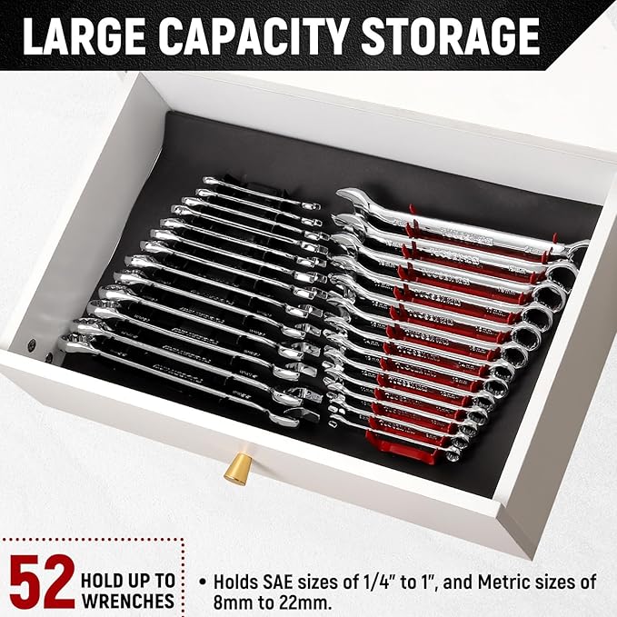 ALOANES 52-Slot Magnetic Metal Wrench Organizer, Fit SAE & Metric Wrench Storage, Tool Organizer for Tool Box and Drawer, 4 Pack(Red&Black)