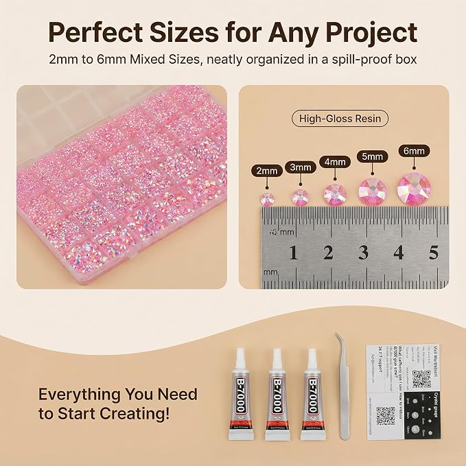 36000Pcs Pink Rhinestones for Bedazzling, Mixed Sizes 2-6MM Light Pink Flatback - Image 3