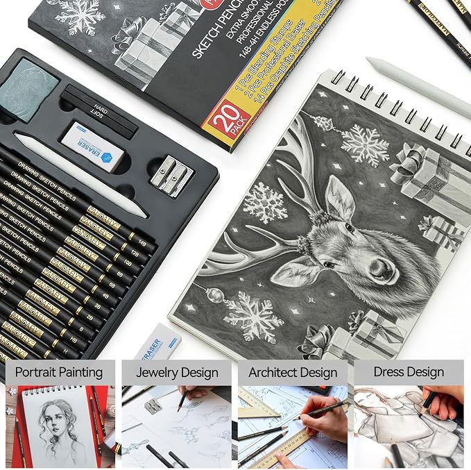 PANDAFLY Drawing Sketching Pencil Set, 20 Piece, 4H-14B Graphite Pencils | Pro - Image 3