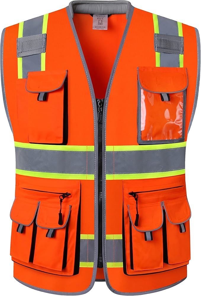JKSafety 10 Pockets Class 2 Hi-Vis Zipper Front Safety Vest | Cushioned Collar | High Reflective Tapes with Extended Neon Yellow Strips | Meets ANSI/ISEA Standards (XX-Large, 89-Orange)