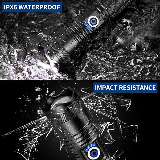 Rechargeable LED Flashlights High Lumens, 99,000 Lumens Super Bright Flashlights with 5 Modes, Waterproof Powerful Flash Light Multifunctional Flashlights for Home Emergencies Hiking（2 Pack）
