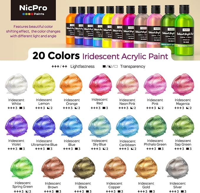 Nicpro 20 Colors Iridescent Acrylic Paint, 8.45oz / 250ml Large Bulk Metallic - Image 2