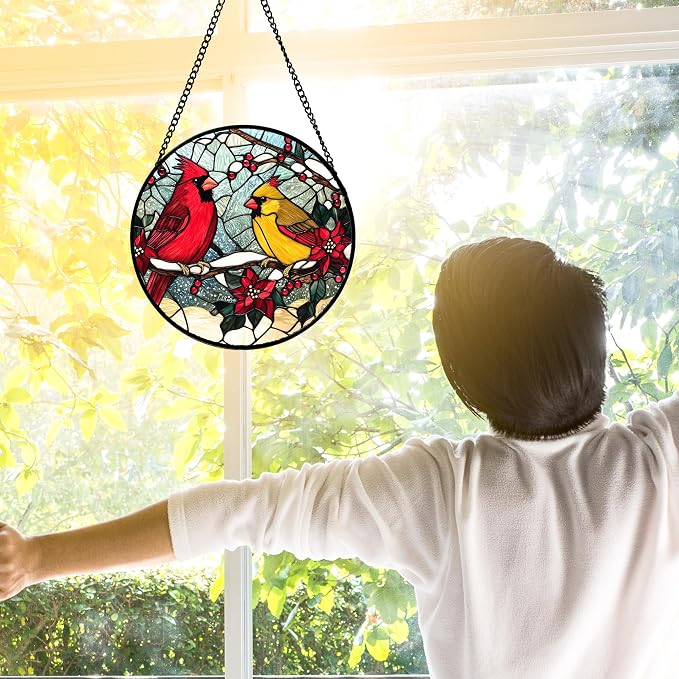 DASTOLL Stained Glass Window Hanging, Love Birds Cardinals Sun Catchers - Image 2