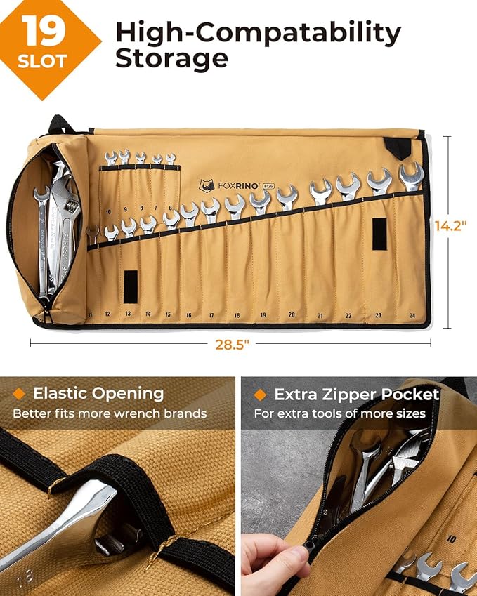 Wrench Roll, Wrench Roll Up Pouch, Gifts for Men Father Dad Mechanic, Heavy Duty Canvas Wrench Organizer Bag (Brown, 19+1 Metric)