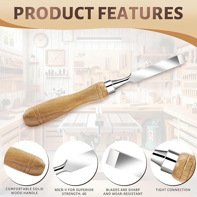 Wood Chisel Sets - 12 Pcs Wood Chisels for Woodworking with Solid Wood Handle, 60CR-V Sharp Blades, Tight Connection, Ideal for Soft and Hard Laminated Wood Projects