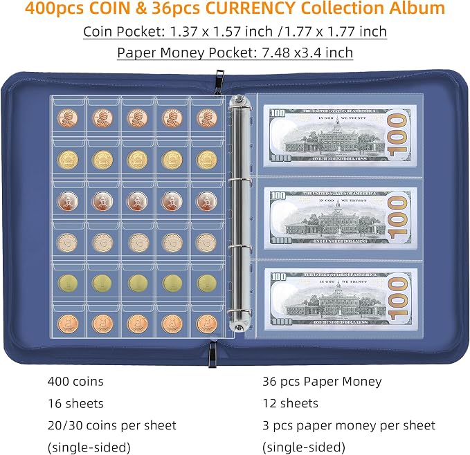 400-Pocket Fireproof Coin Collection Book & 36 Paper Money Organizer Binder | - Image 3