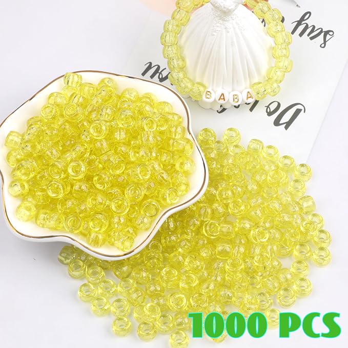1000Pcs Pony Beads Bracelet 9mm Yellow Glitter Plastic Barrel Pony Beads - Image 2