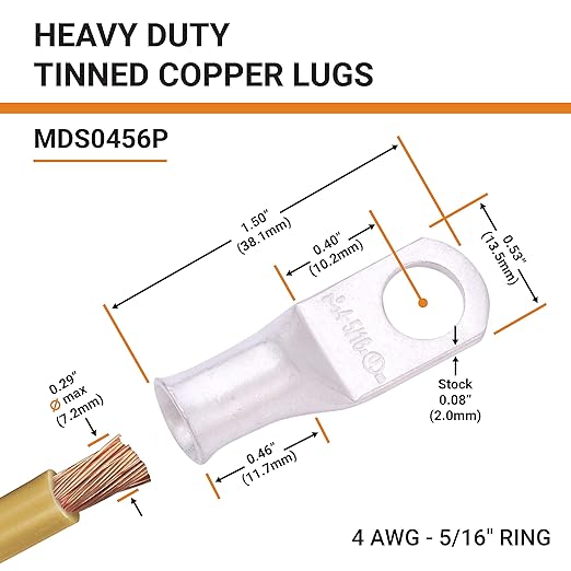 SELTERM 10pcs 4 AWG-5/16 Stud Tinned Copper Wire Lugs, Heavy Duty Battery Cable Ends,4 Guage Ring Terminals, UL Battery Lugs Marine Grade Copper Eyelets Electrical Battery Terminal Connectors