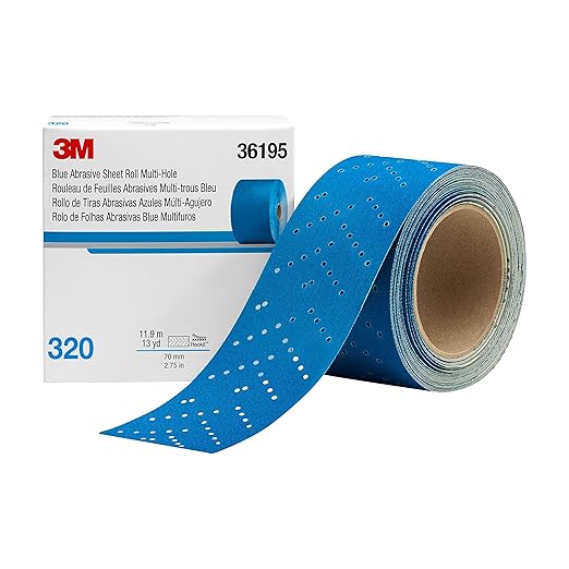 3M Hookit Blue Abrasive Sheet Roll, 36195, Multi-Hole, 2.75 in x 13 yd, 320+ Grade, Automotive Sanding Roll Sandpaper for Coating Removal, Body Repair, Auto Sanding