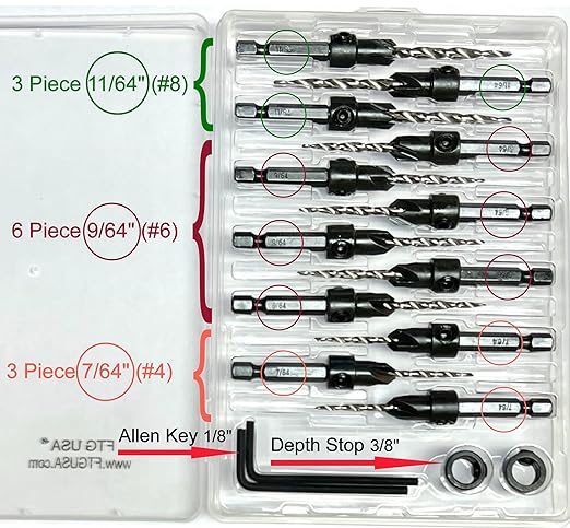 FTG USA Countersink Drill Bit Set for Wood with Tapered Drill Bit 3 Pc #4 (7/64"), 6 Pc #6 (9/64"), 3 Pc #8 (11/64")