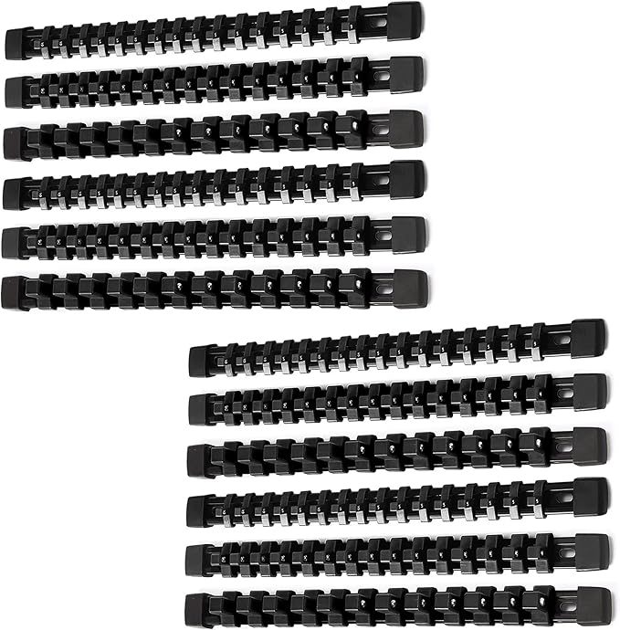 ALOANES 12 PC ABS Socket Organizer,1/2 inch, 3/8 inch, and 1/4 inch Drive Socket Rail Holders, Heavy Duty Socket Racks, Black Rails with Black Clips