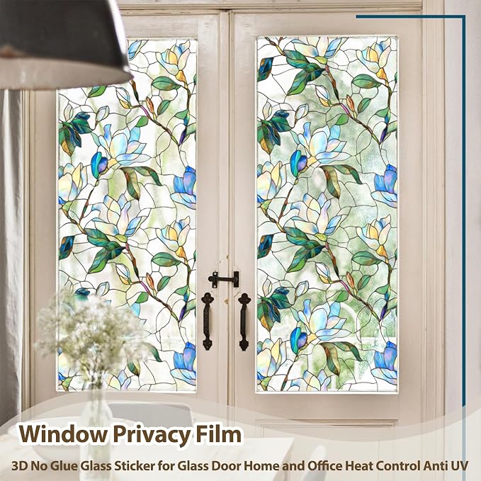 Magnolia Stained Glass Privacy Window Film, Decorative Window Tinting Film - Image 2