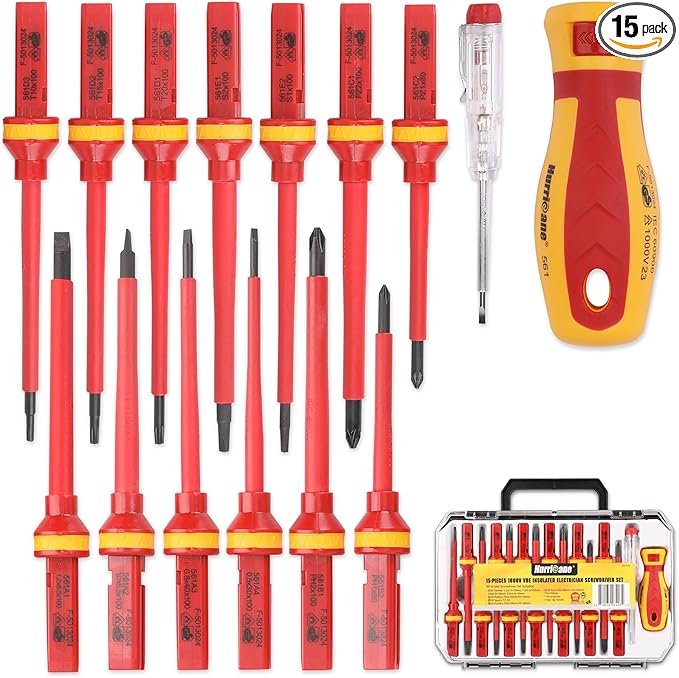 HURRICANE 1000V Insulated Screwdriver Set, 15pc All-in-1 Professional Insulated Electrician Screwdriver Set CR-V Magnetic Robertson Square Phillips Slotted Pozi Torx Insulated Electrician Tool Kit