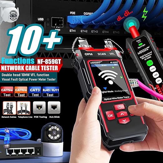 NF-859GT Network Cable Tester with Optical Power Meter10mw DualHead Visual Fault Locator,for POE/RJ45RJ11CAT5 CAT6 CAT3 Tone Probe KitEthemet Wire TracerFiber Tester LAN Network Tools