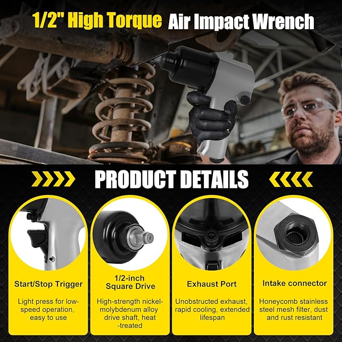231C 1/2-inch-Drive Air Impact Wrench - 300 ft-lbs High Torque, Lightweight Industrial 231c Impact Tool (5 forward and reverse gears) for Automotive & Heavy Machinery - with Ergonomic Grip