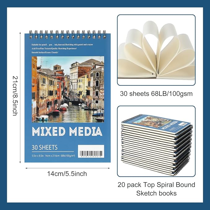 Jexine 20 Pcs 5.5'' x 8.5'' Top Spiral Bound Sketch Book 30 Sheet Each - Image 2