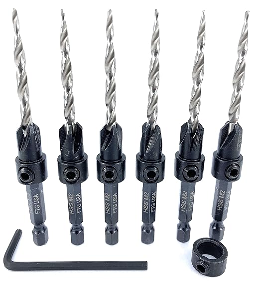 FTG USA 6 Pc #8 (11/64") Countersink Drill Bit Set with Depth Stop Collar, Hex Wrench - Tapered Drill Bits for Wood