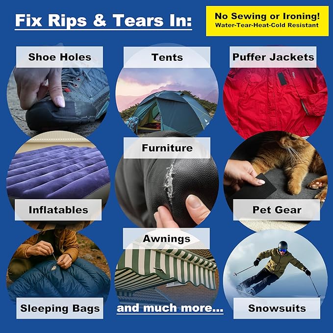 aZengear Repair Patches - Waterproof, Self-Adhesive, Tear-Cold-Heat-Resistant Polyester Fabric to Fix Down Jacket, Puffer, Snowsuit, Shoe, Tent, PVC, Clothing, Upholstery (Black (2 Strips))