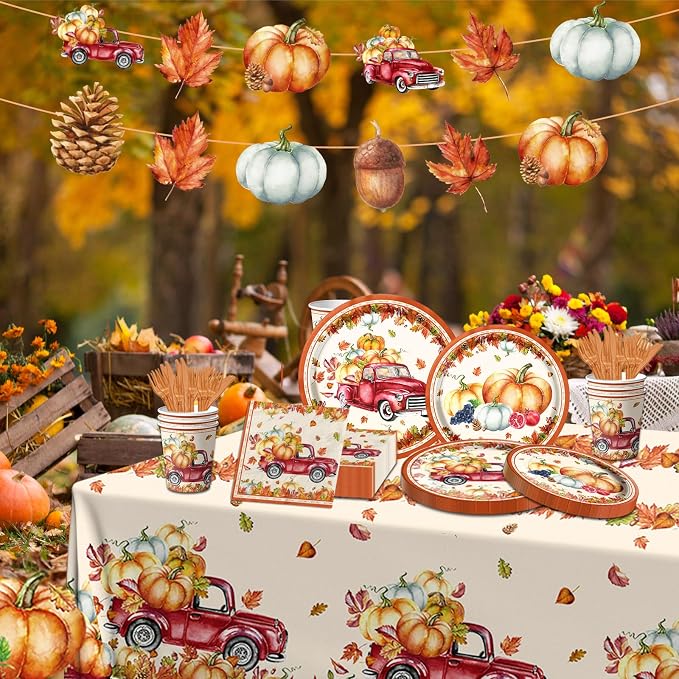 142Pcs Fall Party Plates and Napkins Party Supplies, Autumn Pumpkin Leaves - Image 3