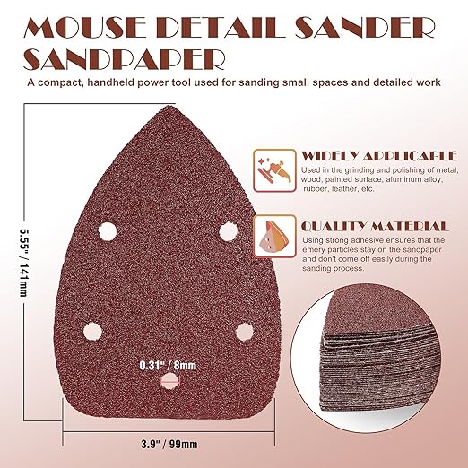 40 Grit Mouse Sander Sandpaper, Jamiikury 5 Hole Detail Sander Sandpaper Palm Sander Paper Mouse Sanding Pads Hook and Loop Sanding Sheets - Pack of 50