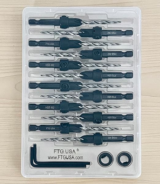 FTG USA 12 Pc #8 (11/64") Countersink Drill Bit Set for Wood with Tapered Drill Bit