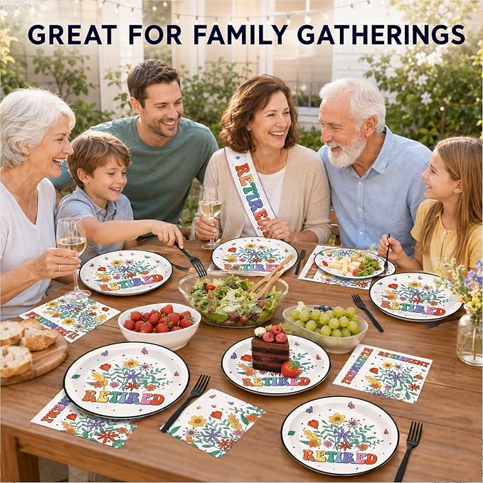 100 Pcs Flower Retirement Party Plates and Napkins Set Happy Retired Birthday - Image 5