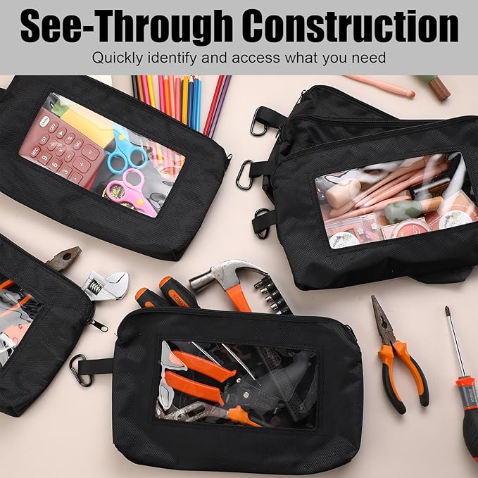 Aliceset 6 Pcs Small Tool Pouch 1680D Oxford Zipper Bags with Clear Window, Multipurpose Zipper Pouch Heavy Duty Waterproof Utility Bag for Tool Organization and Storage