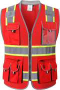JKSafety 10 Pockets Hi-Vis Zipper Front Fluorescent Red Safety Vest | Cushioned Collar | High Reflective Tapes with Extended Neon Yellow Strips | Meets ANSI/ISEA Standards (X-Large, 89-Red)