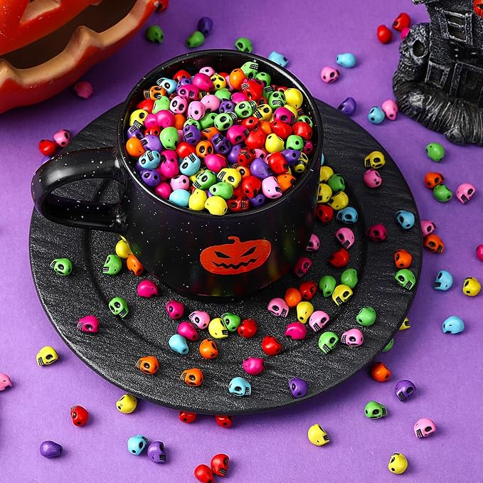 Augshy 700Pcs Halloween Skull Beads, Colorful Skeleton Skull Head Shape Beads - Image 4