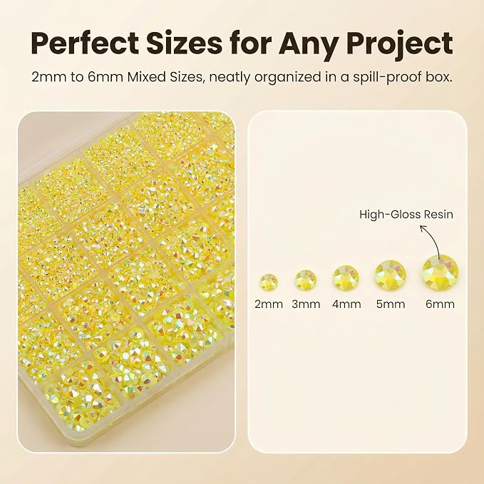 36000Pcs Yellow Rhinestones for Bedazzling, Mix Sizes 2-6mm Flatback Gems - Image 3