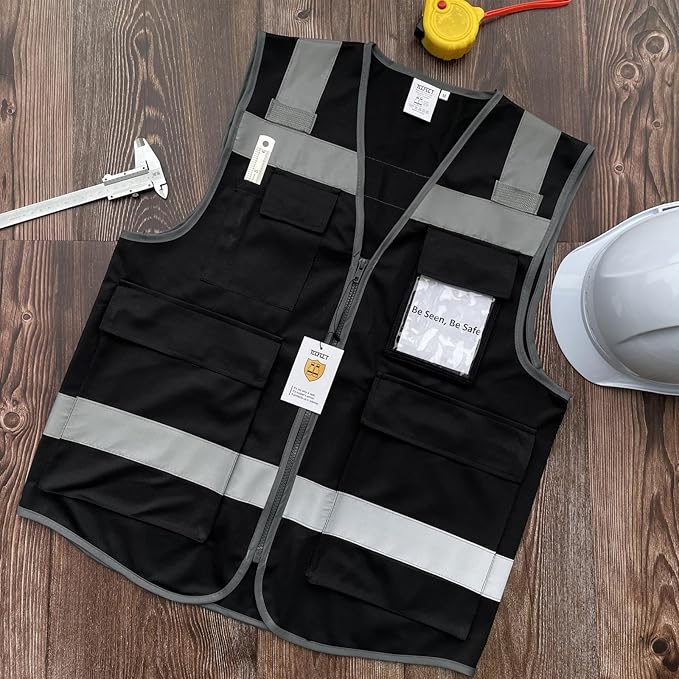 TCCFCCT Construction Vest 5 Pockets Reflective Safety Vest for Men Women, High Visibility Work Vest with Tabs for Walkie-talkie, Durable to Use, Meets ANSI/ISEA, Black, S