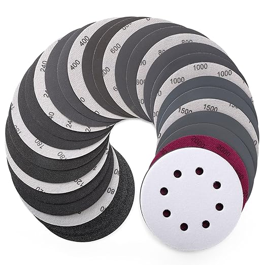 POLIWELL 5 Inch Sanding Discs 8-Hole Hook and Loop Sandpaper Wet Dry Sanding Sheets 80 to 2000 Assortment Grits 50 Pack with 5” Interface Pad for Random Orbital Sander Automotive Wood Metal Plastic