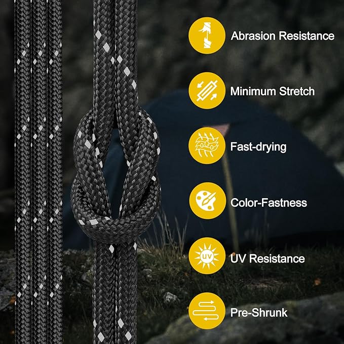 Reflective Paracord Rope 850Ib, 50/100/200/500/1000ft 4MM 11 Strand para Cords Lanyard Utility Parachute Cord for Tent Camping Hiking Fishing Survival Tactical DIY Projects, Black 1000FT