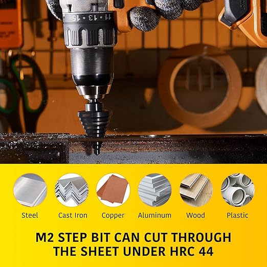 5-Piece M2 HSS Step Drill Bits Set, 1/8"-1-3/8" High-Speed Steel Unibit Kit with Storage Case, 50 Sizes Multi-Hole Precision Bits for Sheet Metal, Steel, Aluminum, Professional & Home Tool Set