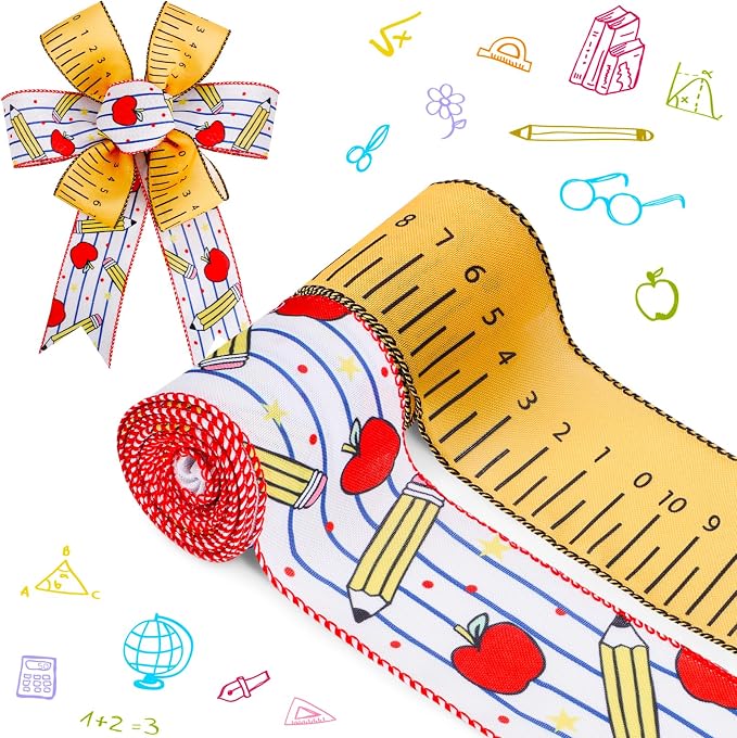 2 Rolls Back to School Wired Edge Ribbons, 12 Yards Apple Pencil Stripe by Unknown