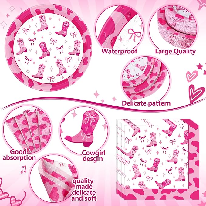 Pickmesh 400 Pcs Western Pink Cowgirl Party Plates and Napkin Decoration Disco - Image 3
