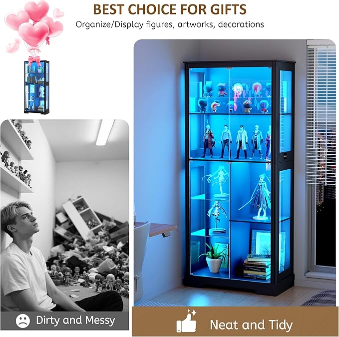 71” Display Cabinet with Glass Doors, Modern Curio Cabinet with 3 Color Lights - Image 6