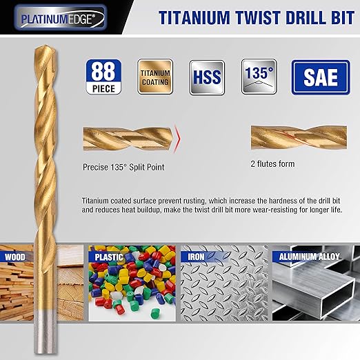 PLATINUMEDGE 140PC Multipurpose Drill Bits Set, 88PC Titanium Twist Drill Bits 26 Pc Masonry Drill Bits for Brick, Concrete 26 Pc Brad Point Drill Bits, for Wood, Metal, Masonry with Hard Storage Case