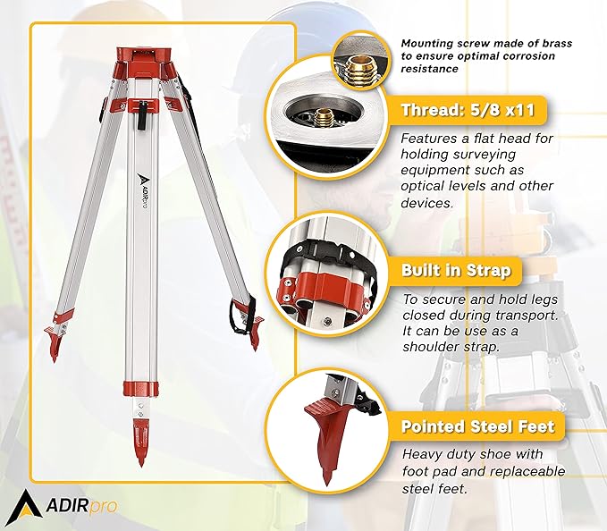 AdirPro Universal Survey Tripod – Laser Level Tripod – Transit Level Tripod - Quick Clamp - Heavy Duty Contractor Tripod 5/8” x 11” Thread (Orange Aluminum)